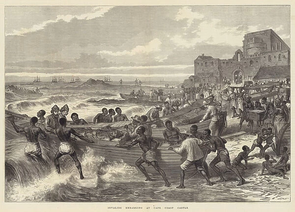 Invalids embarking at Cape Coast Castle (engraving)