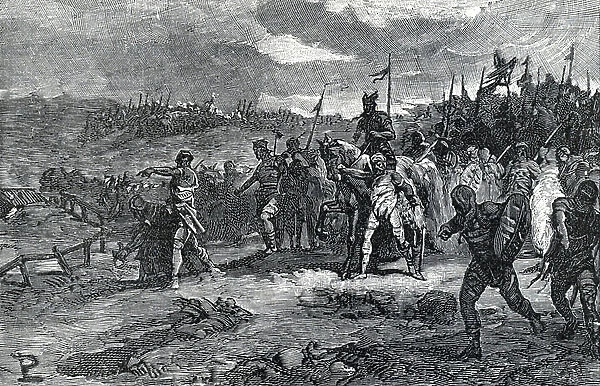 Invasion of the Barbarians - At their head, Attila (385-453) chief of the Huns (The charge of the Huns led by Attila (405-453), breaking on Italy, 5th century) Engraving from 'Storia di Roma' by Francesco Bertolini