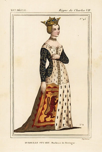 Isabella Stewart or Isabelle Stuart, Duchess of Brittany, wife of Francis I, Le Bien-Aime, Duke of Brittany, Earl of Richmond, 1426-1499. She wears a dress with ermine surcot coat of arms on the skirts
