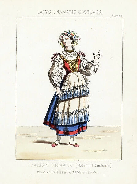 Italian woman, national costume, 19th century. Handcoloured lithograph from Thomas Hailes Lacy's '' Female Costumes Historical, National and Dramatic in 200 Plates,' London, 1865