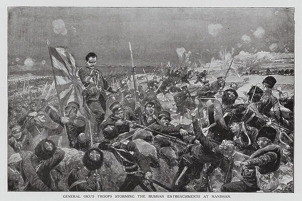 Japanese troops storming Russian trenches, Battle of Nanshan, 1904 (litho)