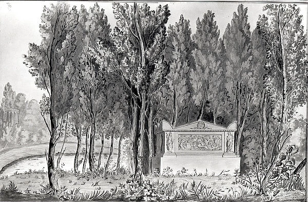 Jean-Jacques Rousseaus (1712-78) tomb at Ermenonville (drawing) (b  /  w photo)