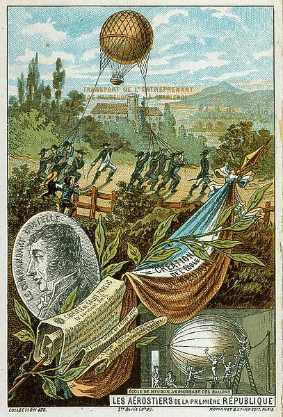Jean-Marie Coutelle, Appointed Commander of Les Aerostiers, 1794. Below right, varnishing balloon at School of Military Ballooning, Meudon. Background: Soldiers transporting inflated balloon l'Entreprenant. French Aviation