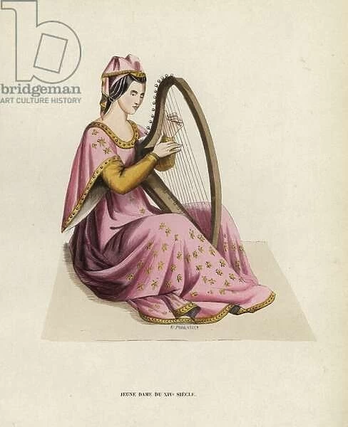 Jeune Dame Du XIVe Siecle (coloured engraving)