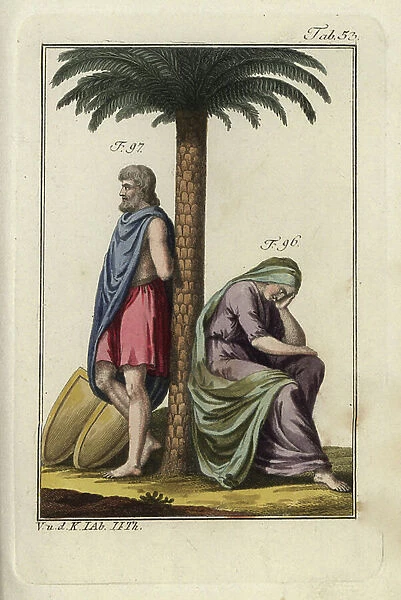A Jewish woman and captured Hebrew standing under a palm tree next to two shields. Handcolored copperplate engraving from Robert von Spalart's ' Historical Picture of the Costumes of the Principal People of Antiquity and of the Middle Ages' (1797)