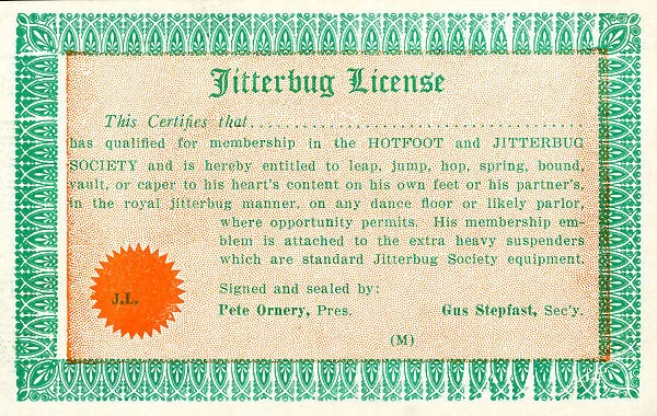 Jitterbug license (colour litho)