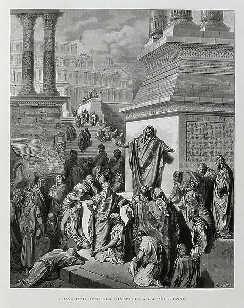Jonah exhorts the people of Nineveh to repent, Illustration from the Dore Bible, 1866