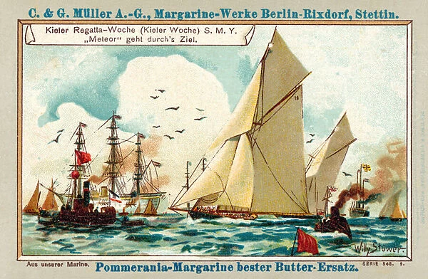 The Kaisers yacht Meteor crossing the finish line during the Kiel Week regatta (chromolitho)