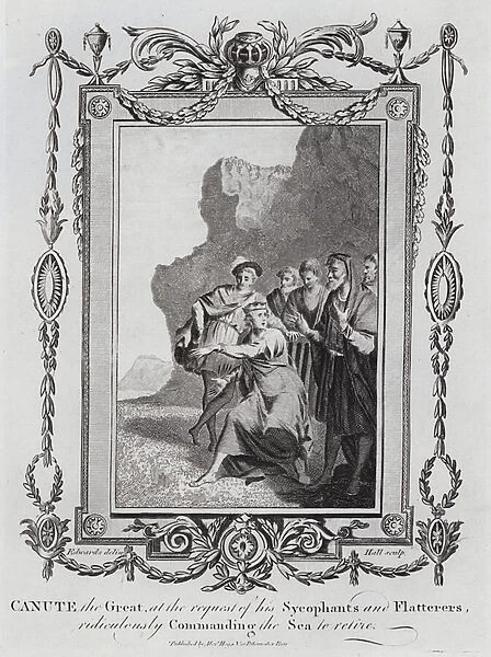 King Canute the Great commanding the tide to retreat at the request of his sycophantic court (engraving)