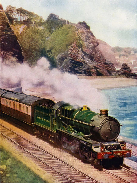 King Charles II, Great Western Railway (GWR) King class 4-6-0 steam locomotive, hauling the Cornish Riviera express along the coast between Dawlish and Teignmouth, Devon (colour litho)