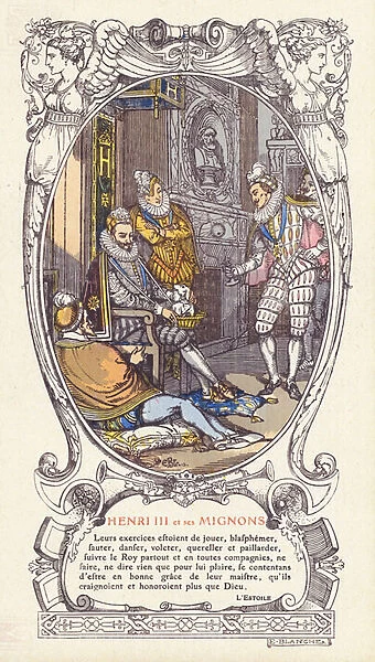 King Henry III of France and his favourites, the Mignons (colour litho)
