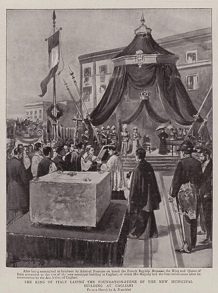 The King of Italy laying the Foundation-Stone of the New Municipal Building at Cagliari (litho)