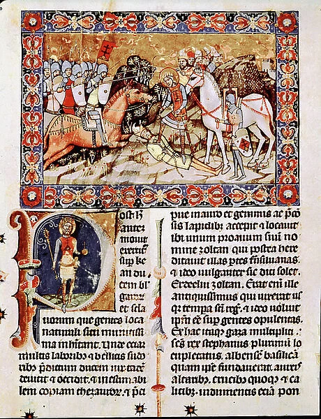 King Stephen I of Hungary (St. Stephen I of Hungary or Szent Istvan, circa 970-1038) fighting against the Slavic and Bulgarian tribes led by their leader Koppany Miniature taken from 'Chronica Hungarorum or Chronicon Pictum