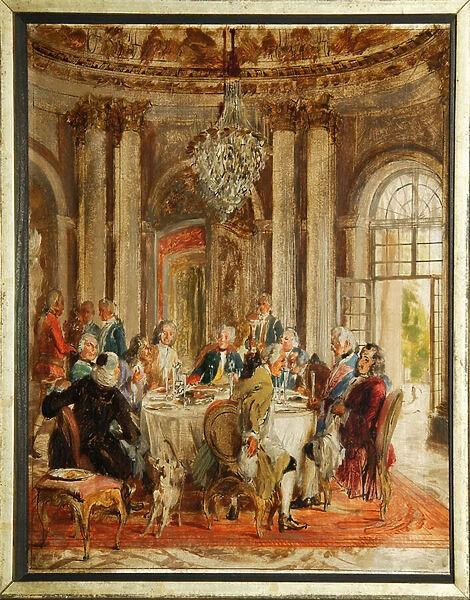 La table ronde de Frederic II de Prusse (1712-1786) avec Voltaire (Francois-Marie (Francois Marie) Arouet de Voltaire (1694-1778) et Christoph Ludwig von Stille (1696-1752) au palais de Sanssouci - Esquisse de Adolph Friedrich von Menzel (1815-1905)