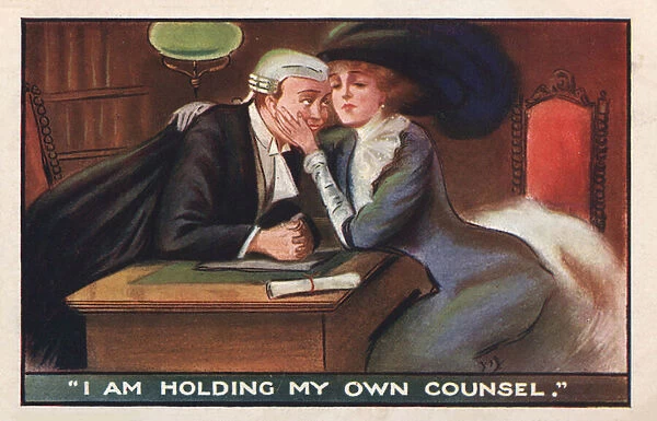 Lady embracing her lawyer (colour litho)