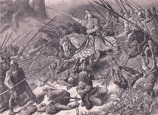 The Lady of the Mercians fighting the Welsh AD 910 (litho)