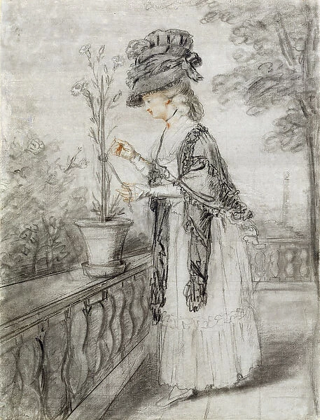 Lady on a Terrace Tending a Carnation Plant (black, red and white chalk on paper)