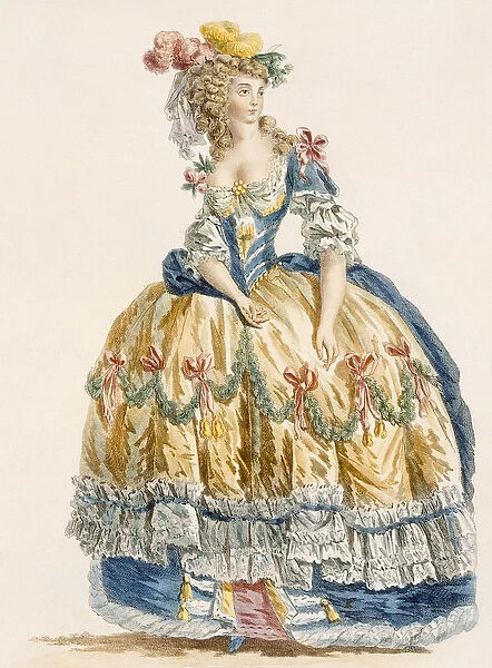 Ladys elaborate ball gown, engraved by Dupin, from