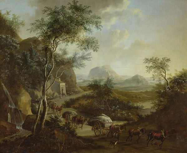 Landscape with a convoy of horses and carts (oil on canvas)
