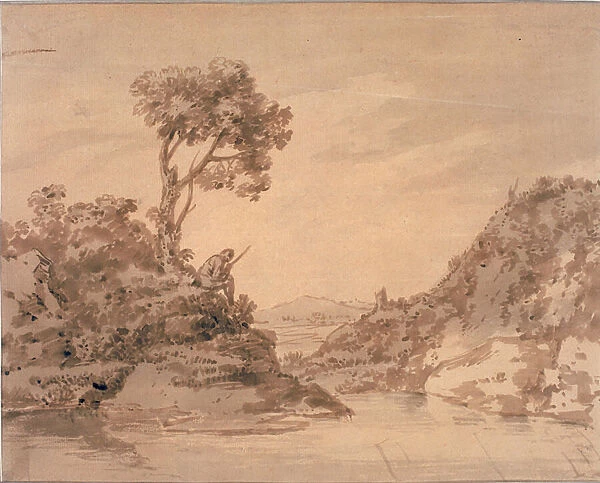 Landscape with Figure on the Bank of a Pool (w  /  c on paper)