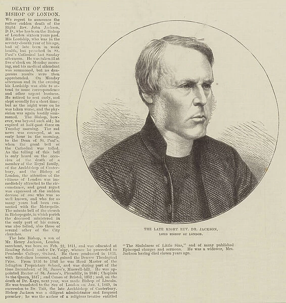 The late Right Reverend Dr Jackson, Lord Bishop of London (engraving)