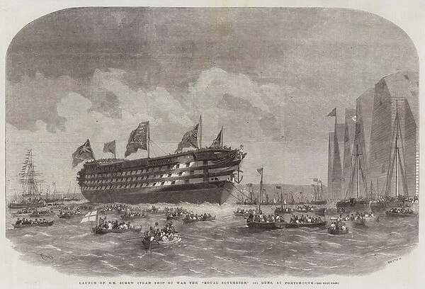Launch of HM Screw Steam Ship of War the 'Royal Sovereign, '131 Guns, at Portsmouth (engraving)