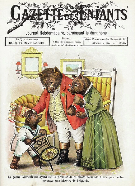 Le jeune ours demande a son pere de lui raconter une histoire de brigands. Ours en posture humaine. Gravure du journal 'Gazette des Enfants', 1895. Collection privee Jean-Paul Paireault