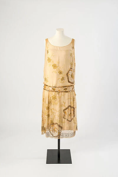 Lemon yellow silk chiffon bead embroidered evening dress, 1927 (silk)