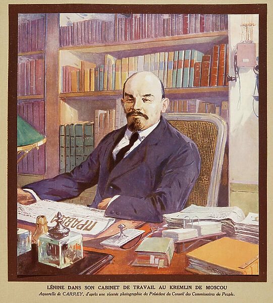 Lenin in his Office at the Kremlin in Moscow, from Histoire des Soviets, pub. 1922 (colour litho)