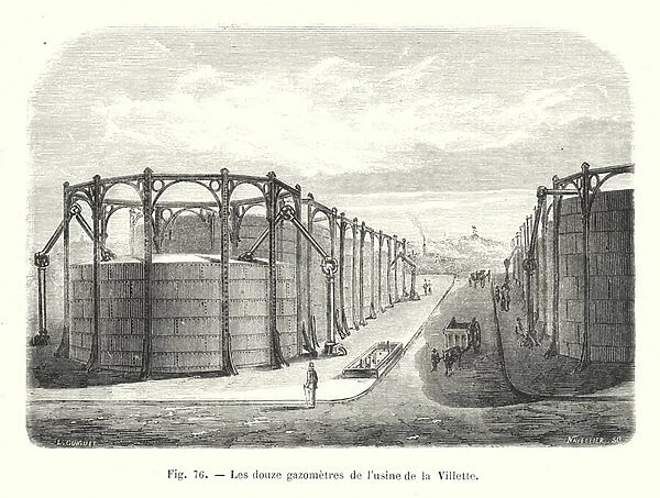 Les douze gazometres de l usine de la Villette (engraving)