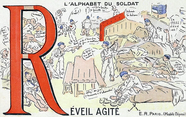 Letter R: Awakens. Engraving of 'The soldier's alphabet'. E.R. Stop!, publisher, Paris, circa 1916. Series of 25 postcards used by soldiers during the war 1914-1918 and around 1930. Dim: 9, 5x14cm. Private collection