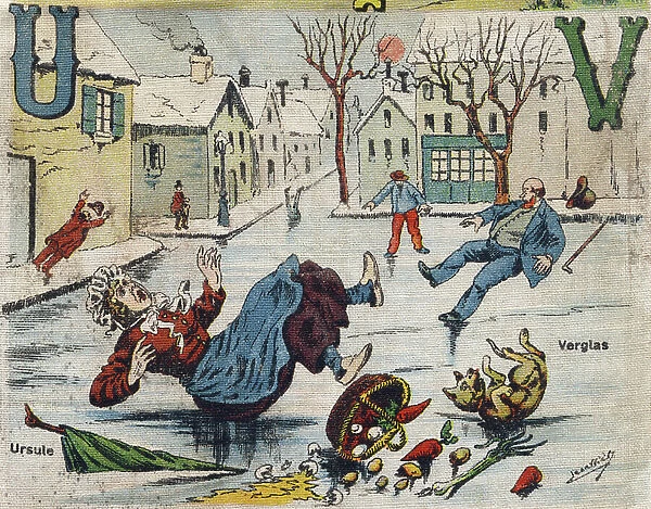 Letter U and V: Ursula and Ice. Characters sliding on the ice of a village, beg 20th century (chromolithograph)