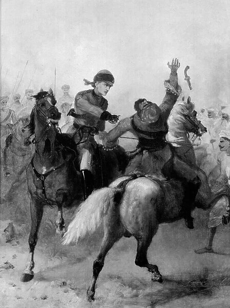 Lieutenant John Watson of the 1st Punjab Cavalry winning the Victoria Cross at Lucknow during the Indian Mutiny on 14th November 1857 (oil on canvas) (b  /  w photo)