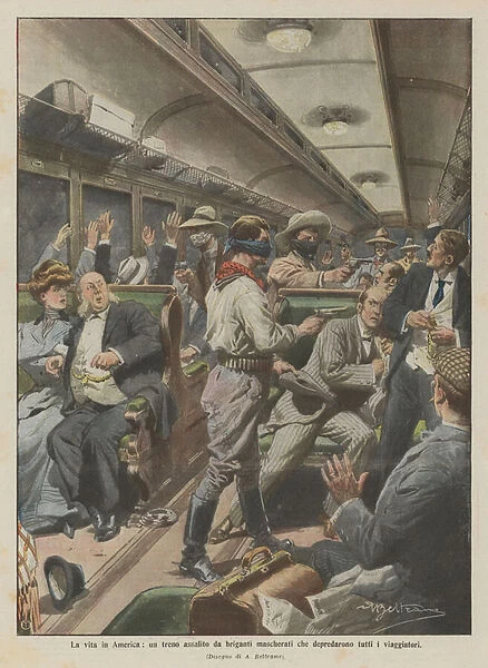 Life in America, a train attacked by masked robbers who plundered all travelers (colour litho)