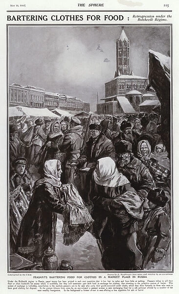 Life under Bolshevik rule in Russia: peasants batering clothes for food in a market, 1919 (litho)