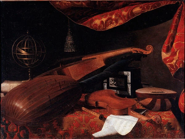 Still life with musical instruments (Violin, lute and spinette and armillary sphere) - Painting by Bartolomeo Bettera (1639-1722), circa 1660 Oil on canvas Dim: 70, 5x94, 7 cm - Bergamo, Accademia Carrara