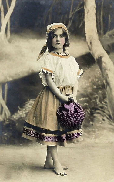 Little bergere clothed in Bohemian. Postcard from the beginning of the 20th century