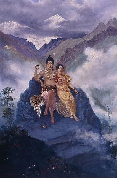 Lord Shiva and Parvati on Mount Kailash (oil on canvas)