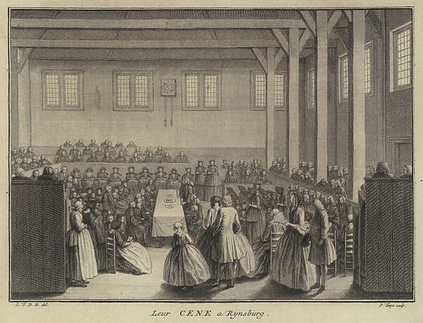 Lords Supper in a Collegiant church in Rijnsburg, Netherlands (engraving)
