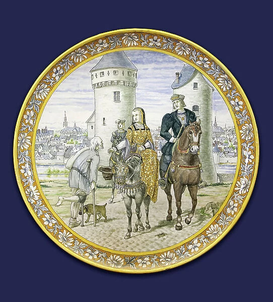 Louis XII (1462-1515) and Anne of Brittany (1477-1514), king and queen of France, making the alumone. Plate in faience painted by Adrien Thibault (1844-1918). Photography, KIM Youngtae, Chateau de Blois, Blois