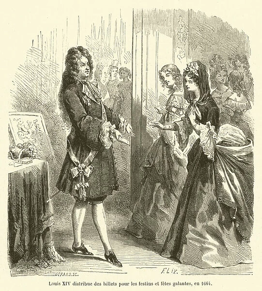 Louis XIV distribue des billets pour les festins et fetes galantes, en 1664 (engraving)