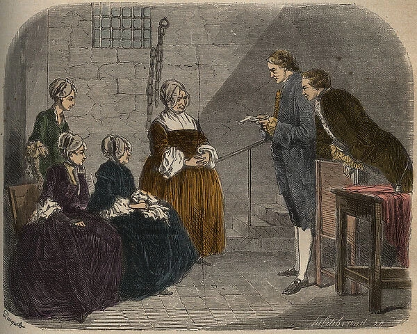 Madam Calas, with her two daughters, listens to the verdict of the trial of her husband