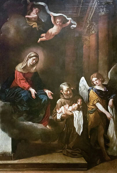 The Madonna with fra Felice da Cantalice, the infant Jesus and an angel, Guercino, 17th century (oil on canvas)
