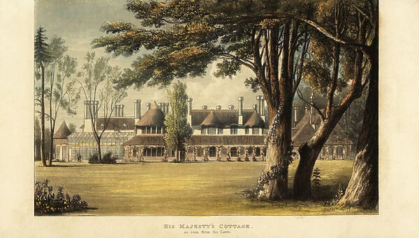 His majestys cottage, Windsor Great Park, as seen from the lawn, 1823 (engraving)