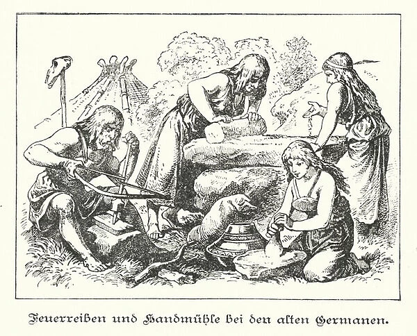 Making fire and grinding flour in old Germany (engraving)