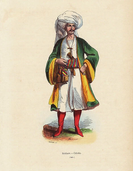 Man of Boukhara (Uzbekistan) - Man from Bukhara, Uzbekistan, in turban, cloak, tunic, sash belt and red boots - Handcoloured woodcut by Mercier after an illustration by H