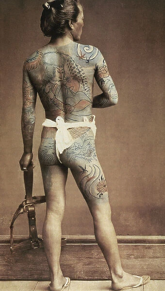 Man with traditional Japanese Irezumi tattoo, c. 1880 (hand coloured albumen photo)