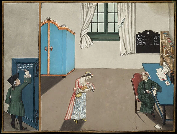 Man writing on a door and a shop interior, 1701-1800 (pen and black ink with watercolour and white bodycolour on paper)