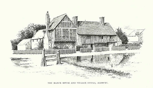 The Manor House and Village Stocks, Aldbury (litho)