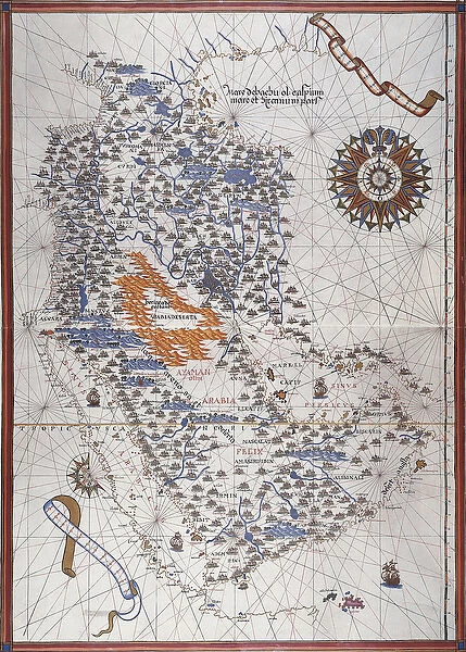 Map of the Arabian Peninsula, with wind rose and details of ports and sea coasts
